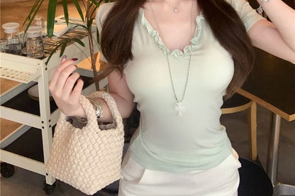 V-Neck Ruffle Trim Casual Tee