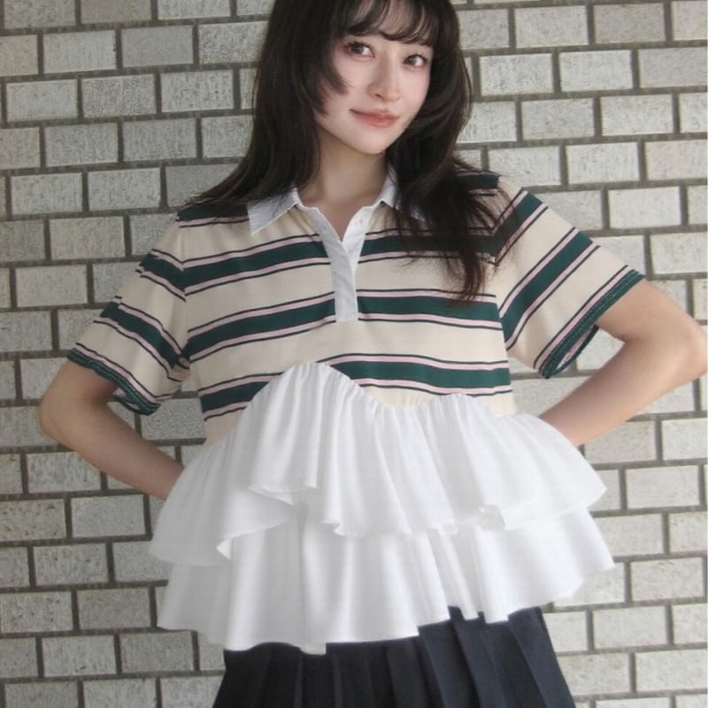 Striped Ruffle Polo Shirt