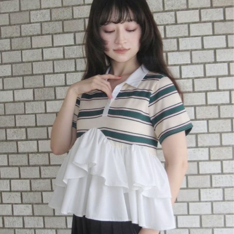Striped Ruffle Polo Shirt
