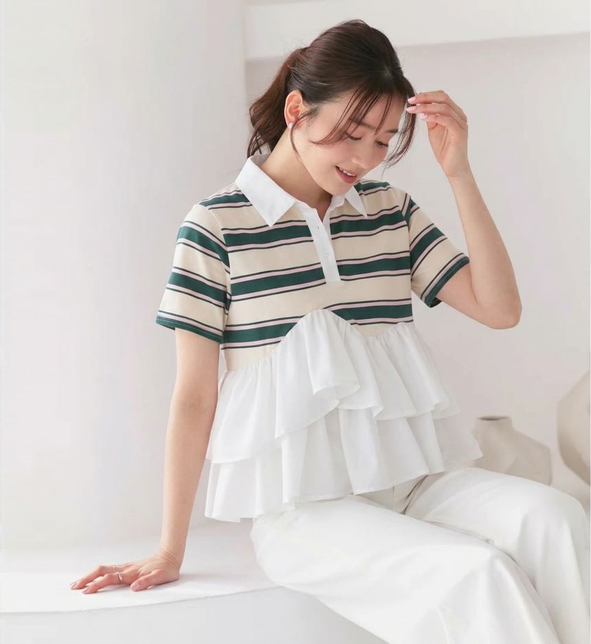Striped Ruffle Polo Shirt