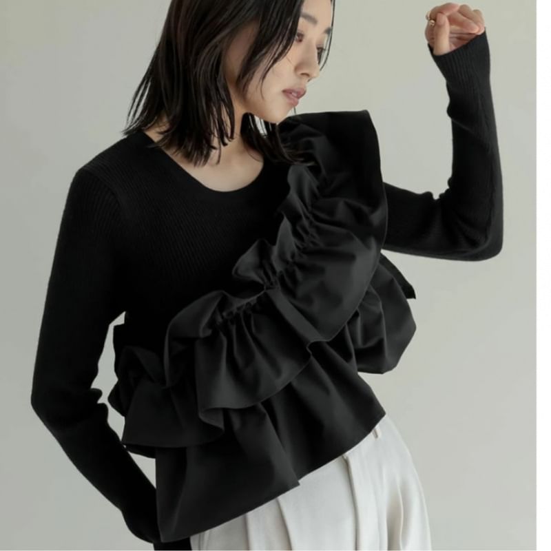 Ruffle Trim Round Knit Top