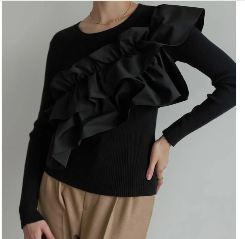 Ruffle Trim Round Knit Top