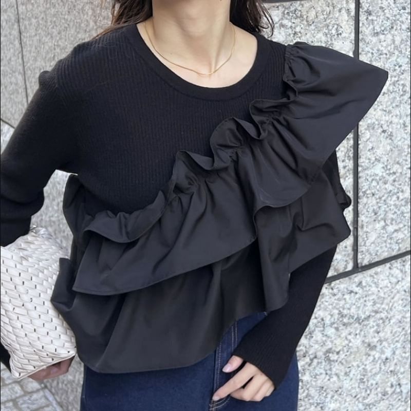 Ruffle Trim Round Knit Top