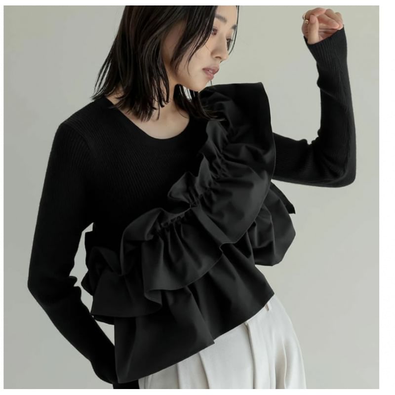 Ruffle Trim Round Knit Top