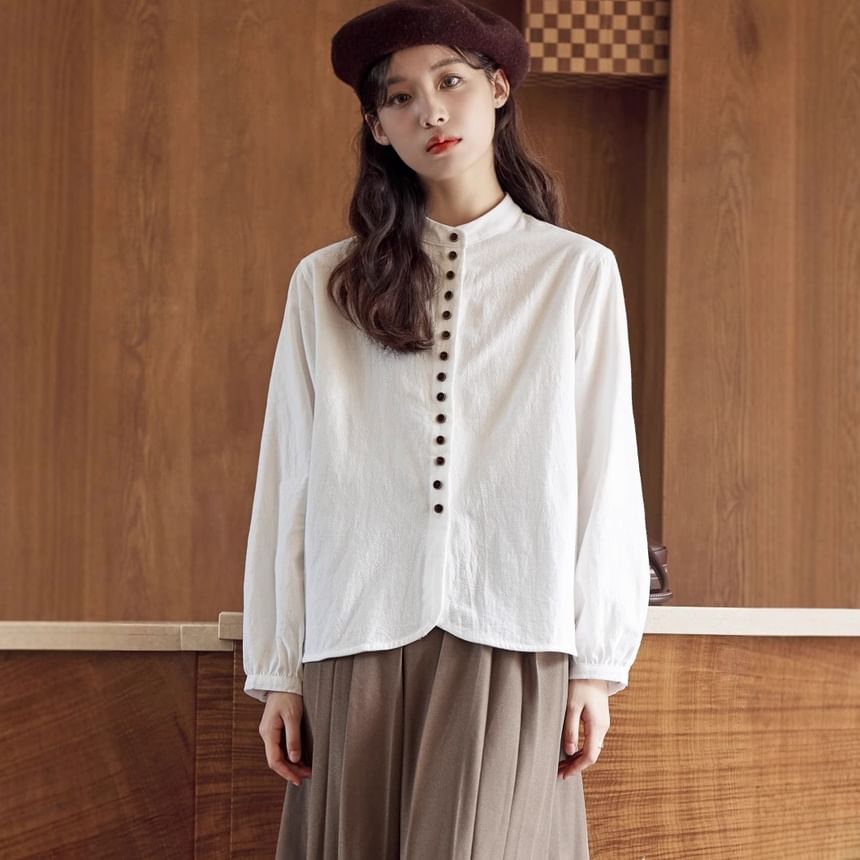 Band Collar Button Blouse