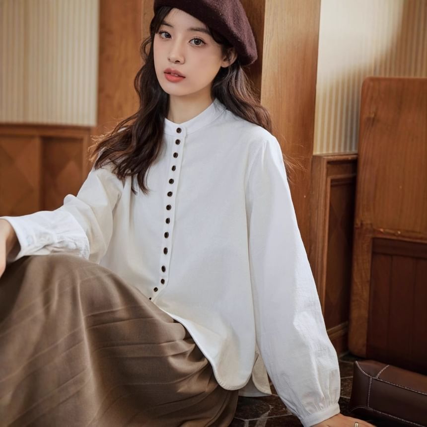 Band Collar Button Blouse