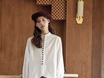 Band Collar Button Blouse