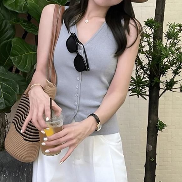 V-Neck Button Knit Sleeveless Top