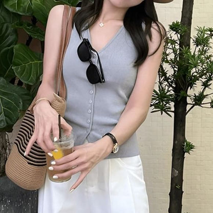 V-Neck Button Knit Sleeveless Top