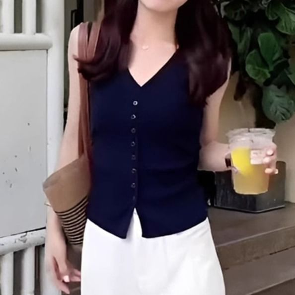 V-Neck Button Knit Sleeveless Top