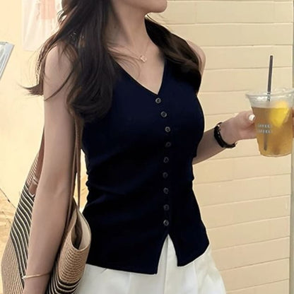 V-Neck Button Knit Sleeveless Top