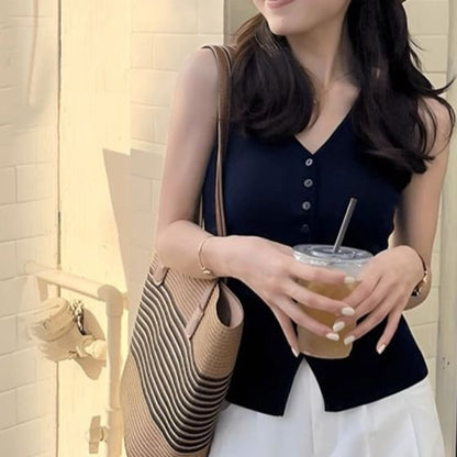 V-Neck Button Knit Sleeveless Top