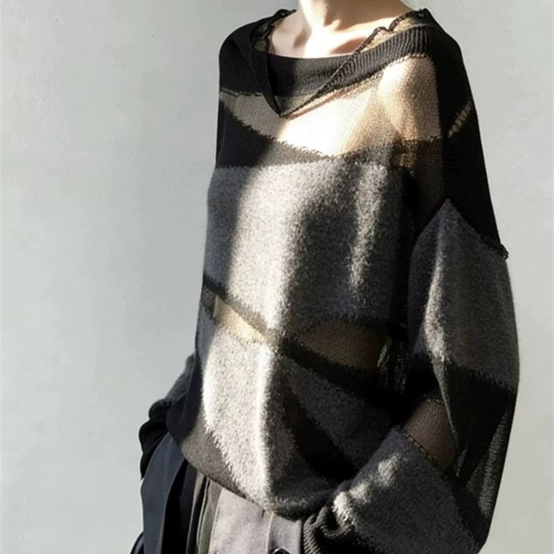 Cowl Neck Sheer Knit Long Sleeve
