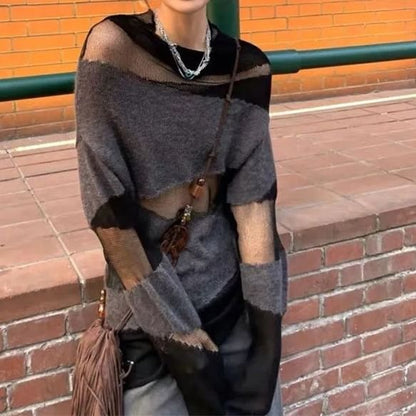Cowl Neck Sheer Knit Long Sleeve