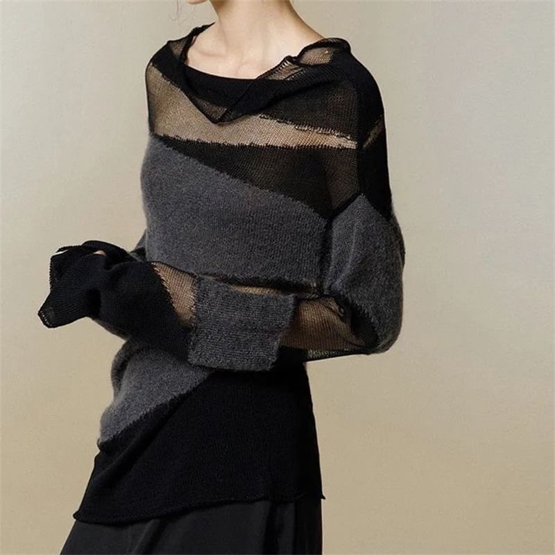 Cowl Neck Sheer Knit Long Sleeve