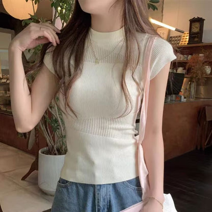 Mock Neck Ribbed Cap Sleeve Top