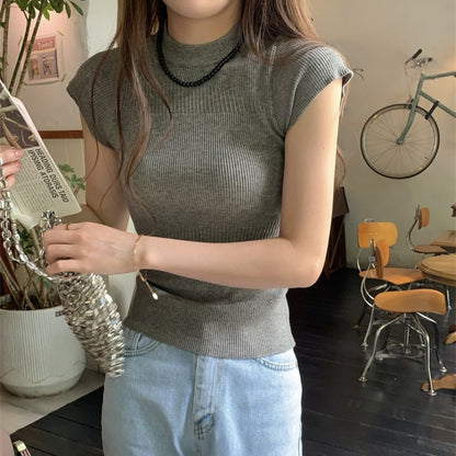 Mock Neck Ribbed Cap Sleeve Top