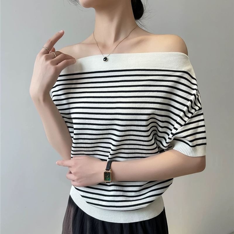 One-Shoulder Striped Knit Tee