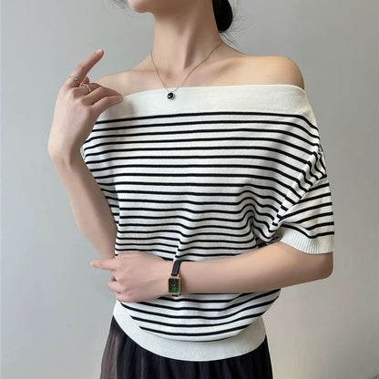 One-Shoulder Striped Knit Tee