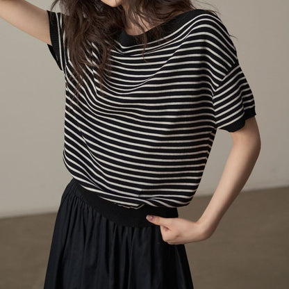 One-Shoulder Striped Knit Tee