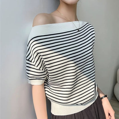 One-Shoulder Striped Knit Tee