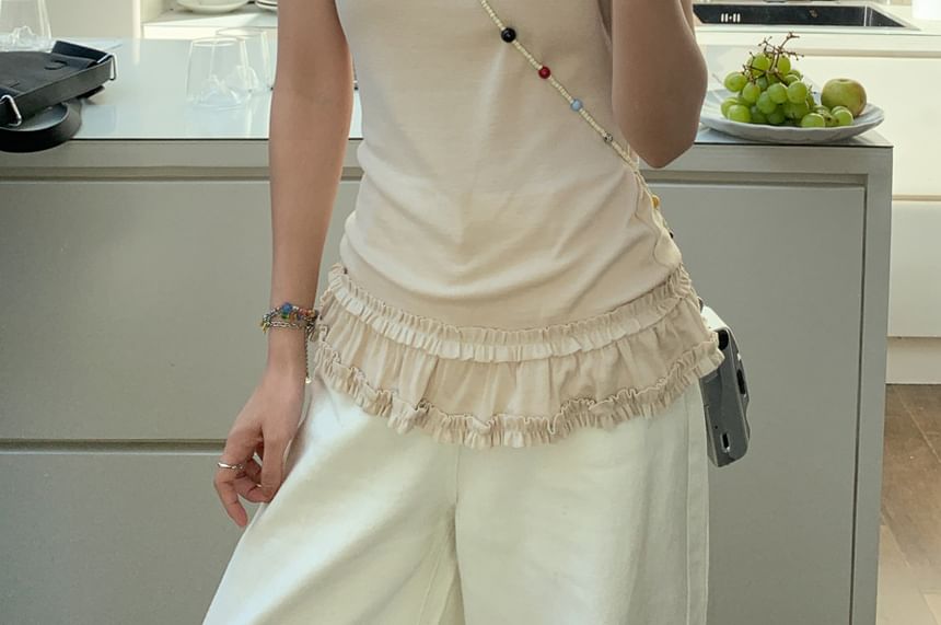 Round Neck Ruffled Hem Fitted Tee