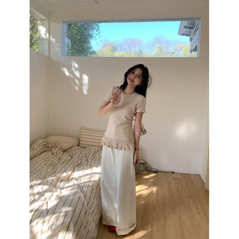 Round Neck Ruffled Hem Fitted Tee