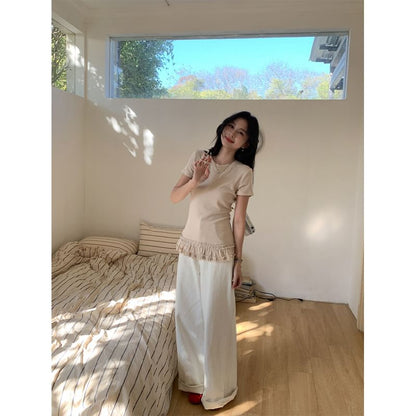 Round Neck Ruffled Hem Fitted Tee
