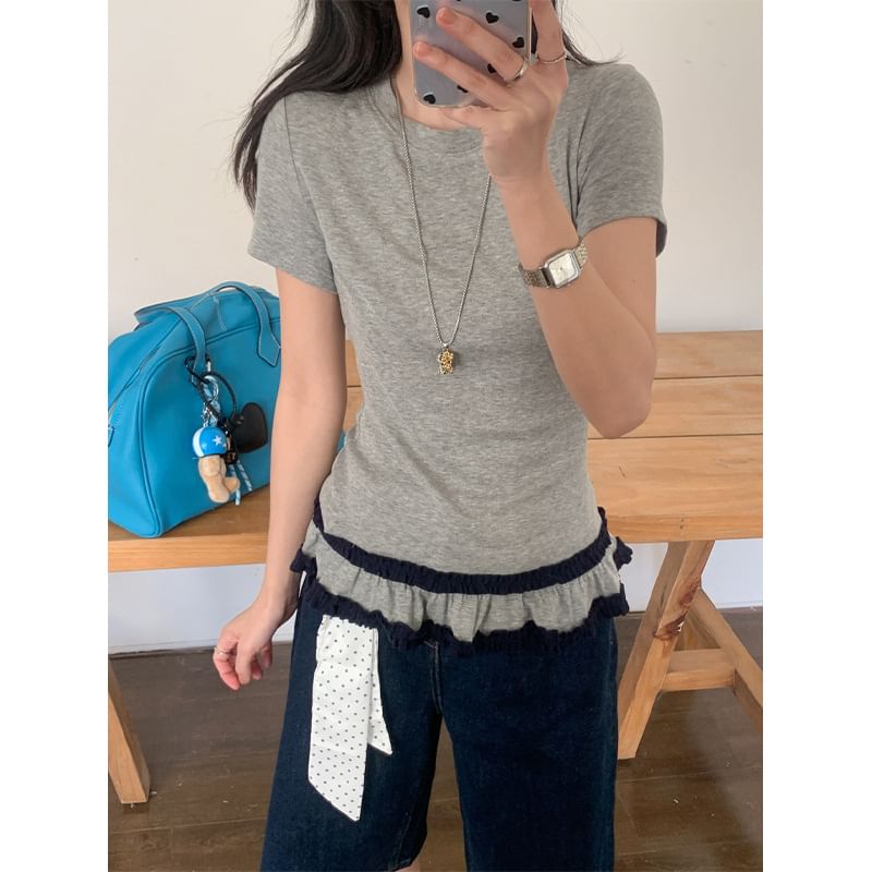 Round Neck Ruffled Hem Fitted Tee