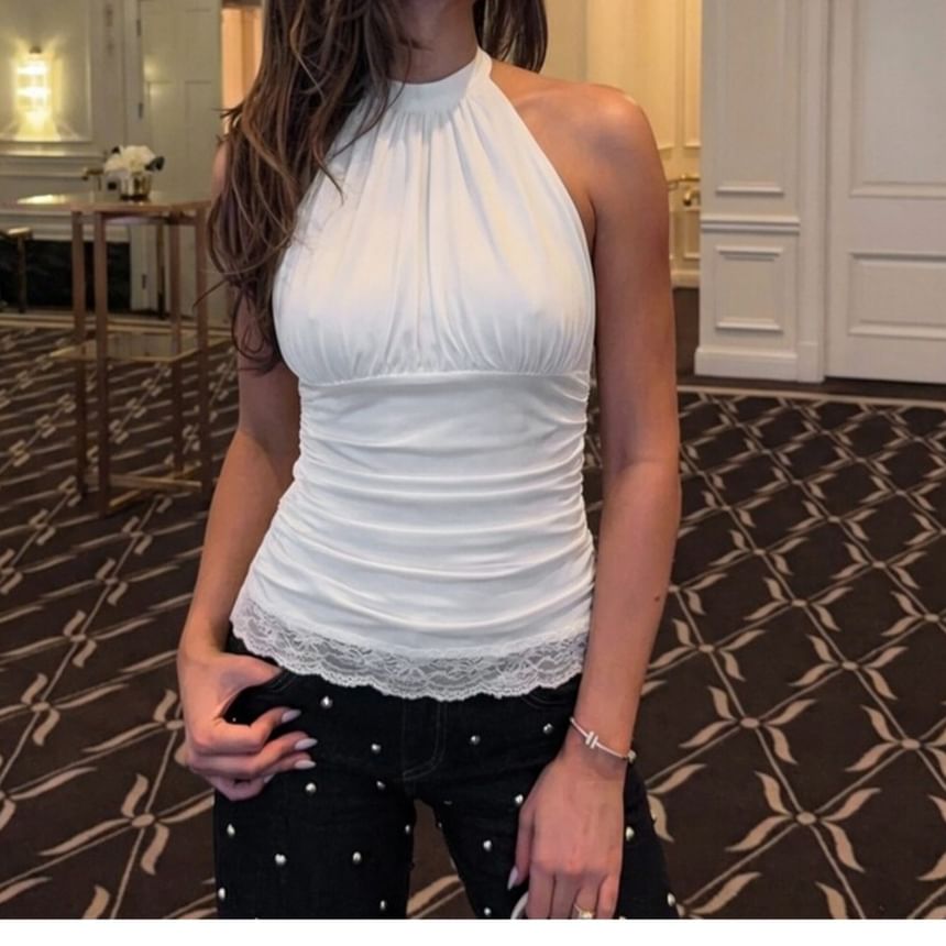 Ruched Halter Lace-Trim Crop Tank