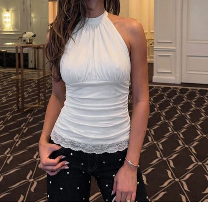 Ruched Halter Lace-Trim Crop Tank