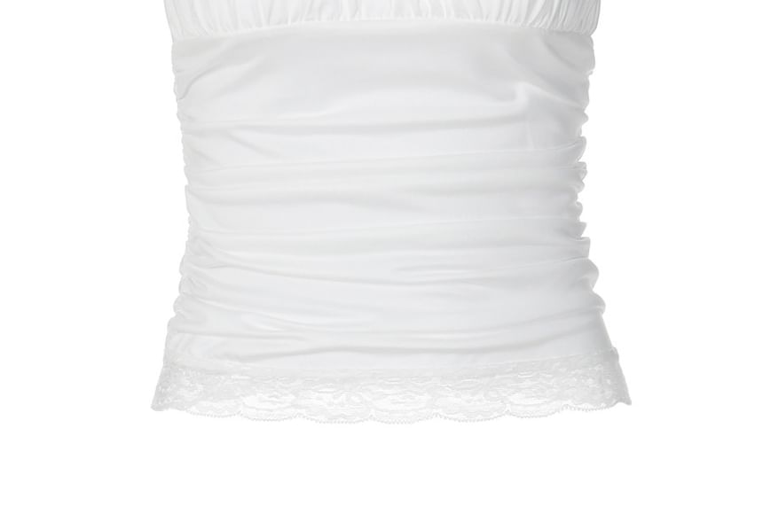 Ruched Halter Lace-Trim Crop Tank