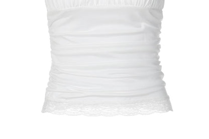 Ruched Halter Lace-Trim Crop Tank