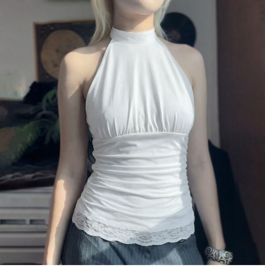 Ruched Halter Lace-Trim Crop Tank