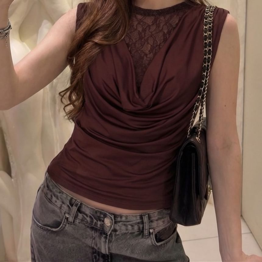 Ruched Lace Trim Cowl Tank