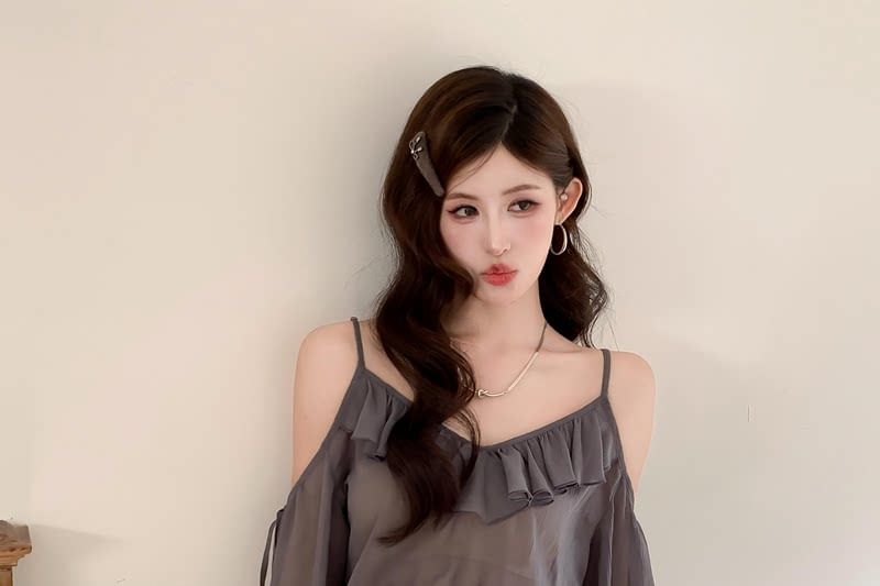 Ruffle Trim Sheer Blouse and Skirt Set