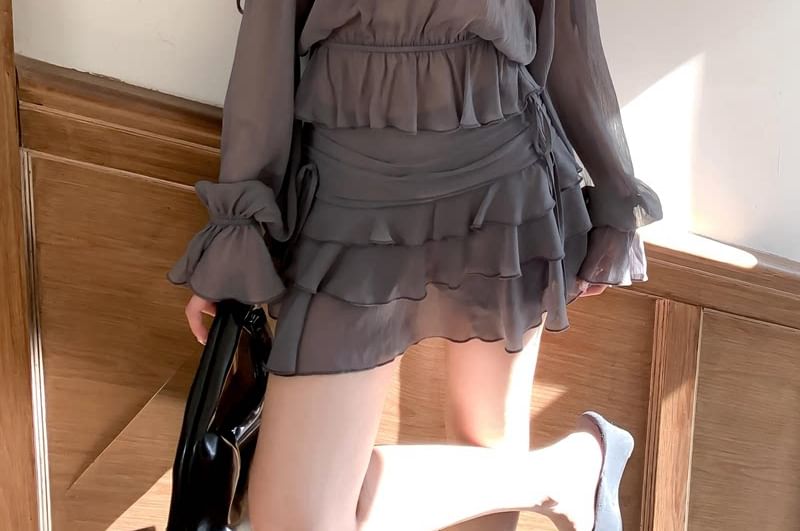 Ruffle Trim Sheer Blouse and Skirt Set