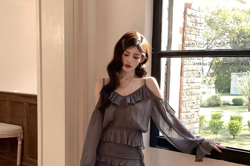 Ruffle Trim Sheer Blouse and Skirt Set