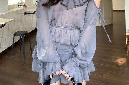 Ruffle Trim Sheer Blouse and Skirt Set