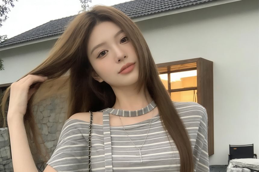 Off-Shoulder Striped Tee with Scarf Set