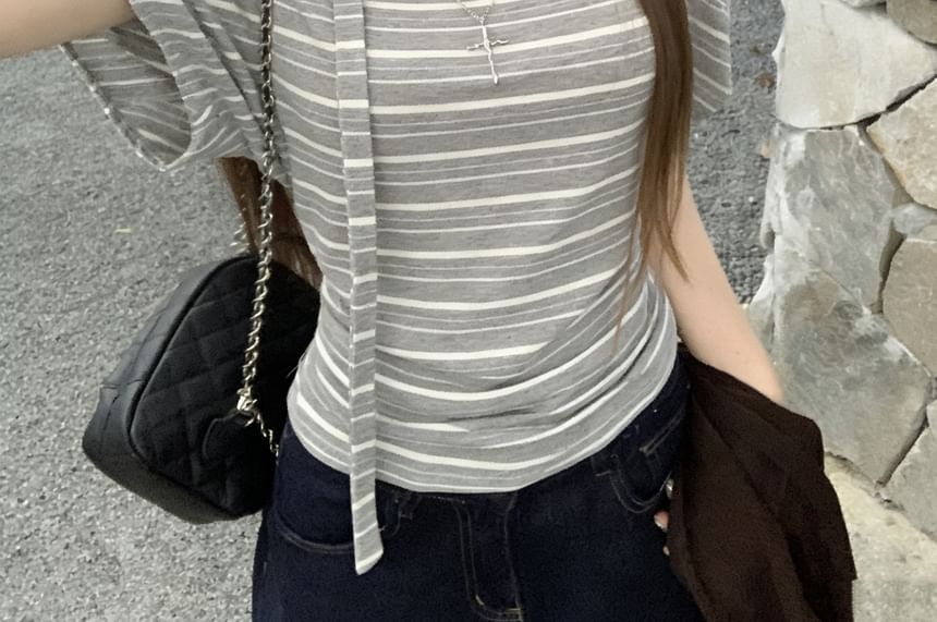 Off-Shoulder Striped Tee with Scarf Set