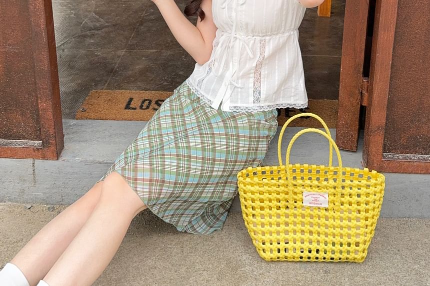 Lace Trim Crop Blouse with Plaid Skirt