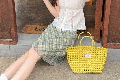 Lace Trim Crop Blouse with Plaid Skirt