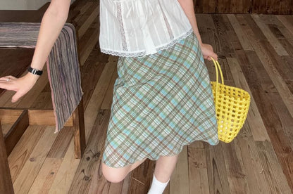Lace Trim Crop Blouse with Plaid Skirt