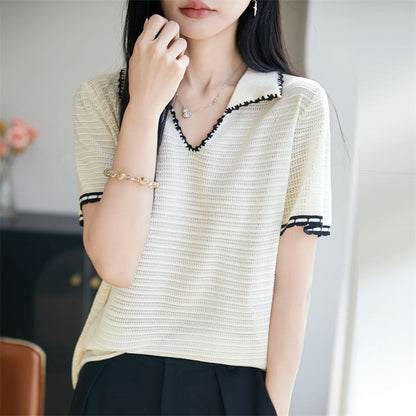 Beaded Accent Knit Top with Short Sleeves
