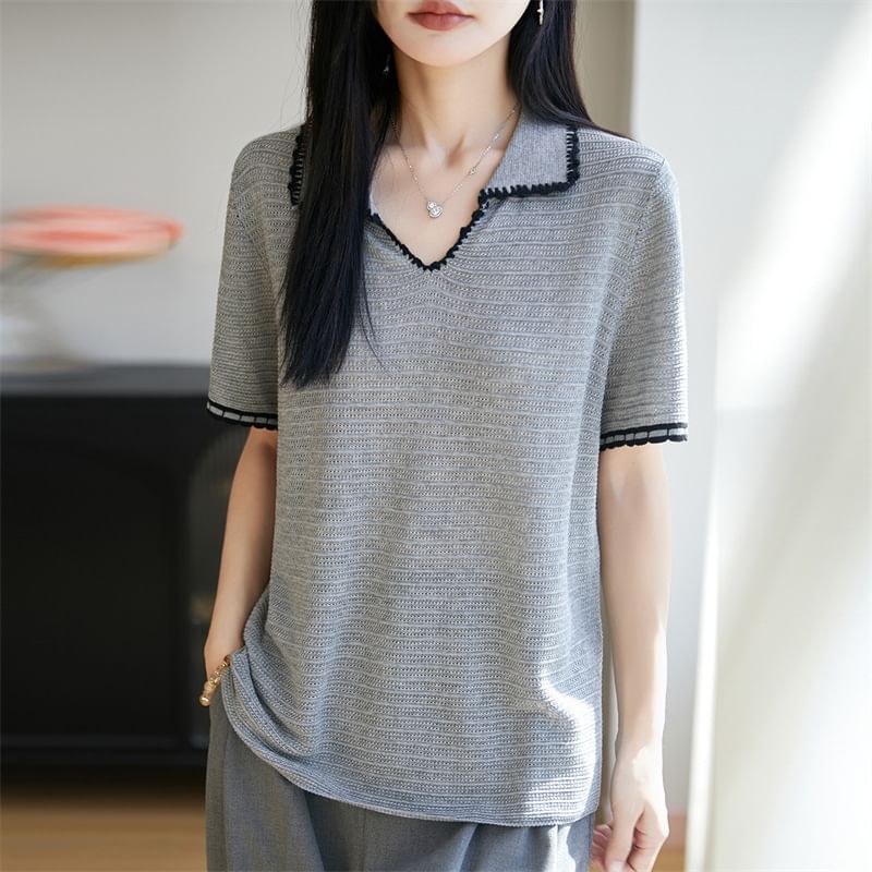 Beaded Accent Knit Top with Short Sleeves