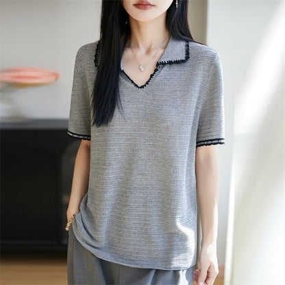 Beaded Accent Knit Top with Short Sleeves