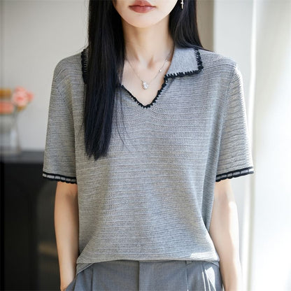Beaded Accent Knit Top with Short Sleeves