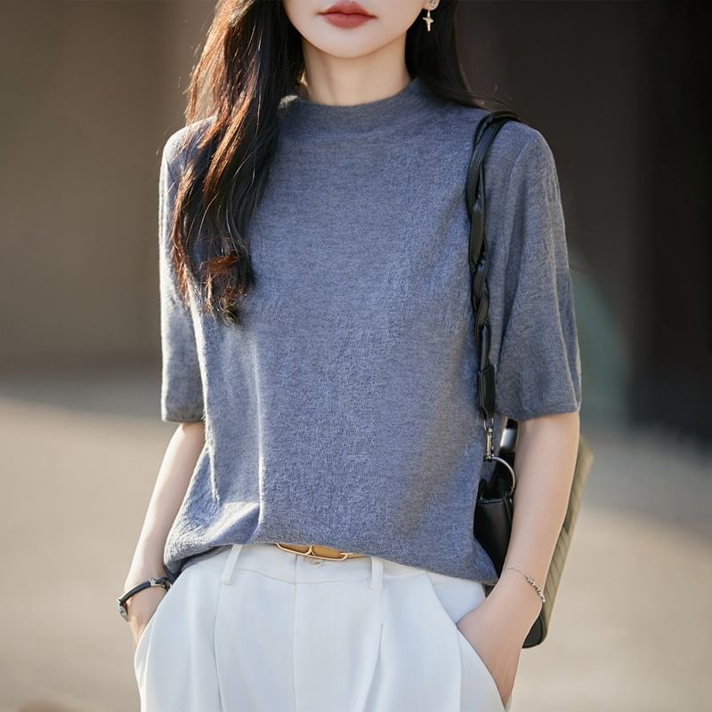 Mock Neck Elbow-Sleeve Knit Top