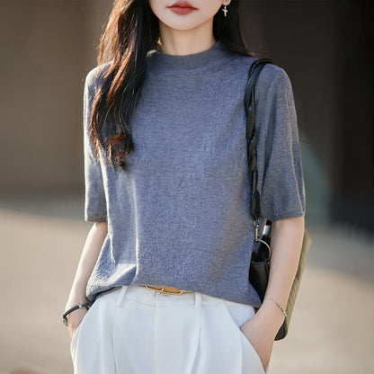 Mock Neck Elbow-Sleeve Knit Top